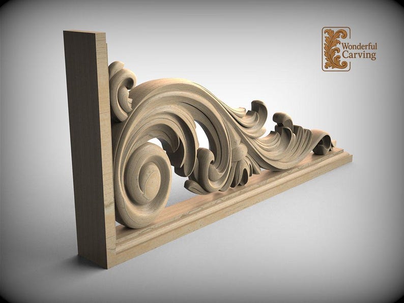 A 3D rendering of a decorative wooden carving, featuring intricate swirls and curves, mounted on a wooden frame.