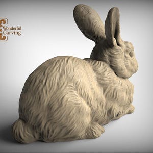 A 3D rendering of a rabbit statue, with the text "Wonderful Carving" in the background.