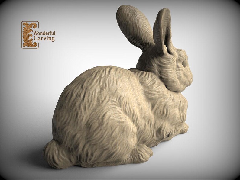 A 3D rendering of a rabbit statue, with the text "Wonderful Carving" in the background.