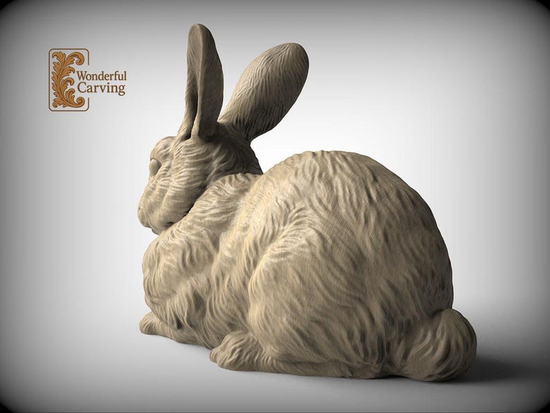A 3D rendering of a rabbit statue, with the text "Wonderful Carving" in the background.