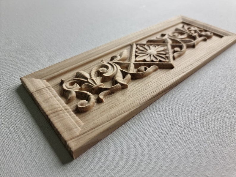 Horizontal Carved Wood Overlay for Furniture Decorative 3D Floral