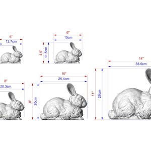 five different sizes of a rabbit statue, ranging from small to large, with corresponding measurements provided.