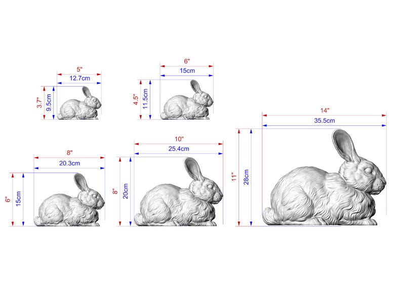five different sizes of a rabbit statue, ranging from small to large, with corresponding measurements provided.