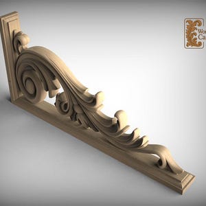 A wooden carving of an ornate bracket or bracket-like structure, featuring intricate scrollwork and curves.