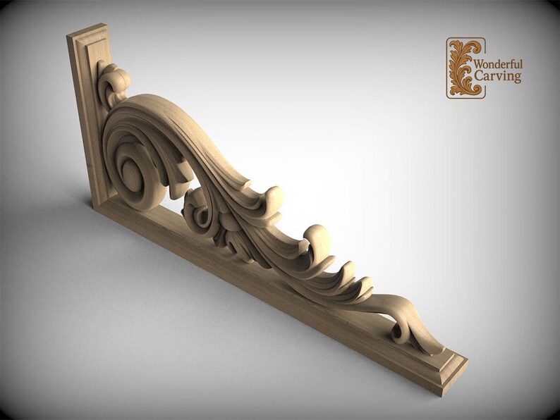 A wooden carving of an ornate bracket or bracket-like structure, featuring intricate scrollwork and curves.