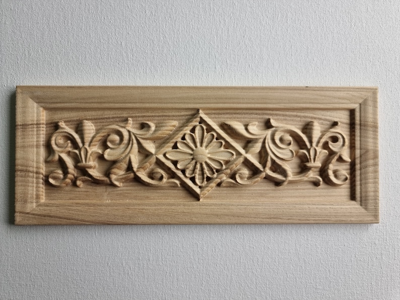 Horizontal Carved Wood Overlay for Furniture Decorative 3D Floral