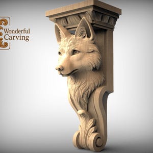 Puede incluir: Una ménsula de madera con cabeza de zorro, un elemento arquitectónico decorativo. El zorro está tallado en detalle, con un pelaje texturizado y una mirada enfocada. La ménsula tiene un diseño de voluta decorativo y el texto "Wonderful Carving".