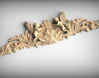 Angels wood decor , Onlay with Cherubs, Carved Wood Applique for Fireplace Mantel