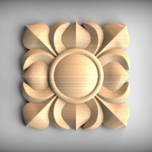Quadratische Holzrosette, geometrische Blumenschnitzerei (Dekorativer Akzent)