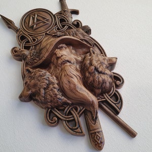 Odin träpanel: Handgjord nordisk mytkonst med Valknut och vargar