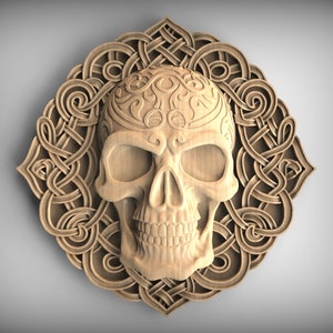 Skull Celtic Knot Wood Onlay – Carved Norse Skull Decor and Wooden Wall Art, Home Wall Embellishments, Wood onlays