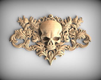 Gothic Skull Onlay - Floral Wood Applique for Walls or Furniture