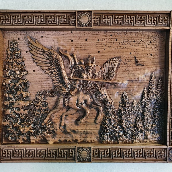 Carved Valkyrie Wall Art: Painted Celtic Norse Mythology Panel