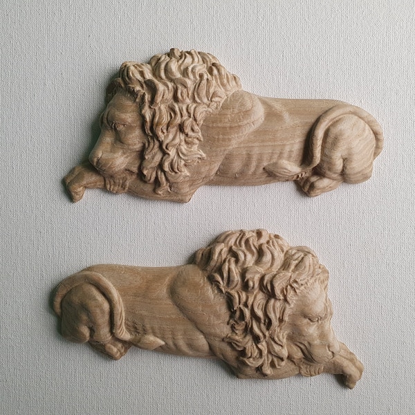 Lion of Wood Carved Applique Onlay, 1pc, right or left, Home Wall Embellishments, Furniture Carving, Wood Onlay