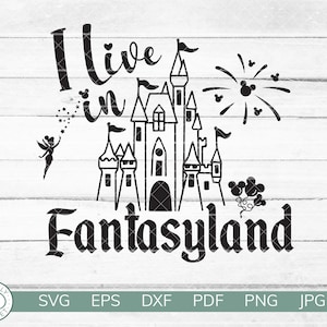 May include: Black and white silhouette design of a castle with the text "I live in Fantasyland" and a fairy with pixie dust.