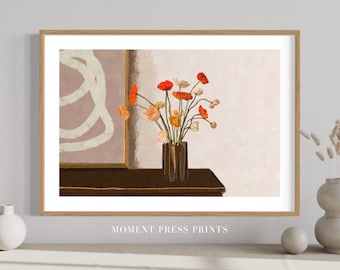 PRINTABLE Poppy Flower Wall Art, Bedroom Wall Art, Living Room Print, Colorful Orange Red Pink Green Brown Boho Midcentury Modern Art