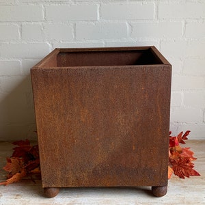 May include: A square, rusty metal planter with a weathered finish. The planter has a simple, open design and rests on four small, rounded feet. The background features a white brick wall and autumn leaves.