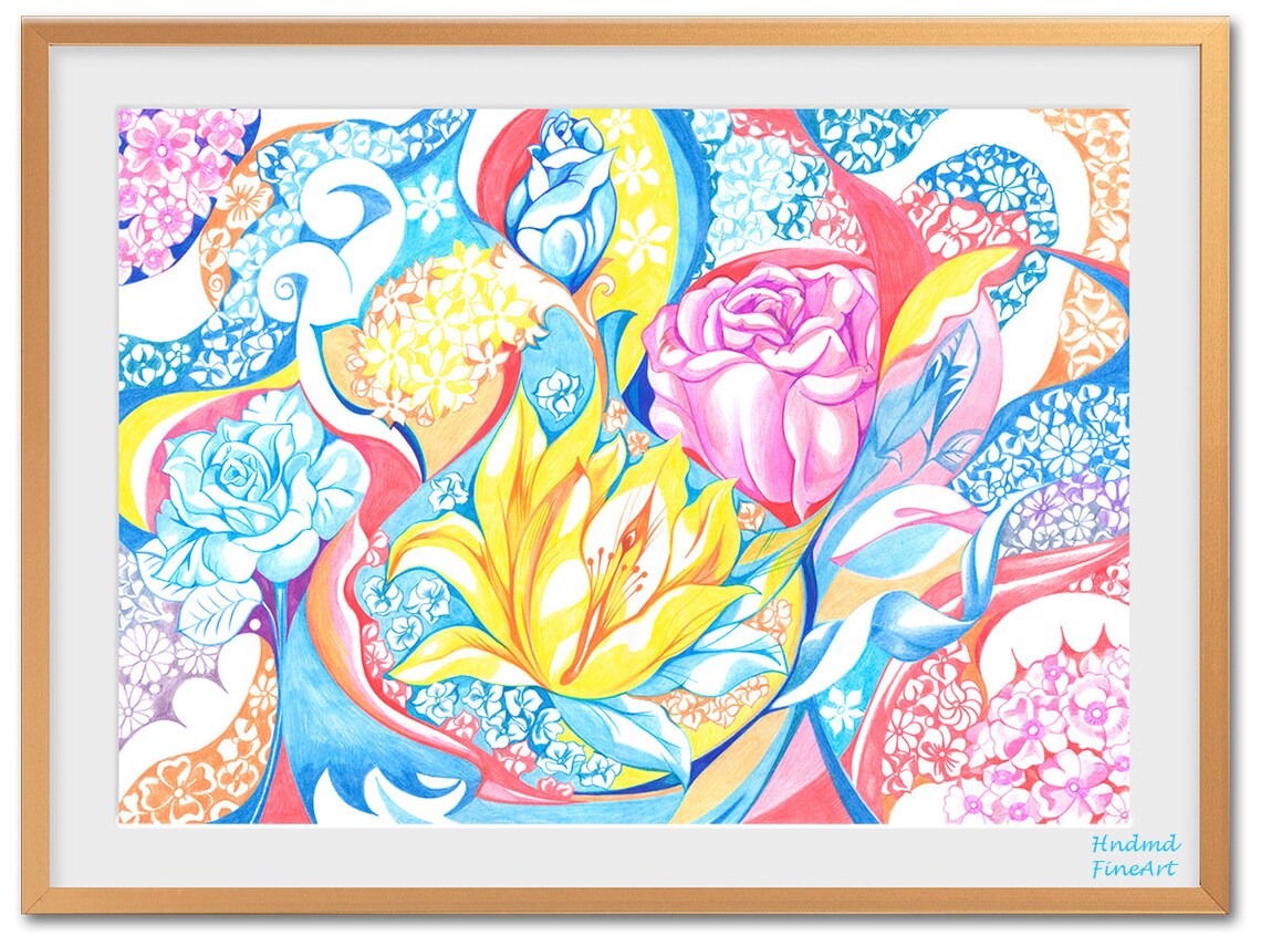 Colored Pencil Botanical Wall Art . Handmade Colorful Roses Etsy