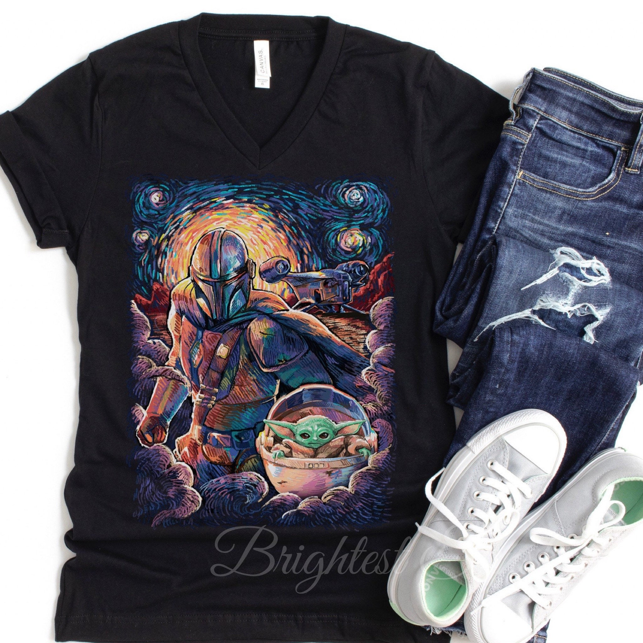 Discover Mandalorian Grogu Starry Night T-Shirt, Mandalorian Grogu T-Shirt