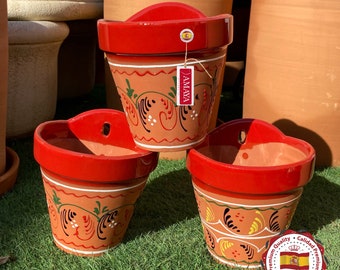 Set x 3 pots muraux en céramique espagnole avec décoration bord rouge - Patio andalou - entièrement peint à la main - peint à la main - 3 tailles