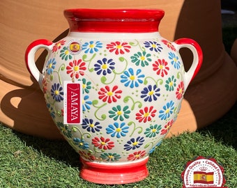 Vaso da parete in ceramica spagnola decorato con bordi rossi in rilievo multifiore - Misura grande - Interamente dipinto a mano