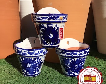 Set x 3 Pots muraux espagnols en céramique à décor de fleurs bleues - Patio andalou - entièrement peints à la main - peints à la main - 3 tailles