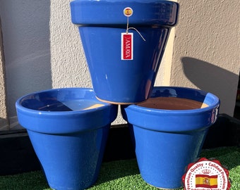 Set x 3 Spanish ceramic floor pots in patio córdoba blue - hand painted - 3 sizes and plate available - 3 Size available