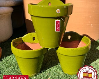 Ensemble x 3 Pots muraux en céramique espagnole verte - Fabriqué en Andalousie - 3 tailles disponibles - Poterie en céramique andalouse