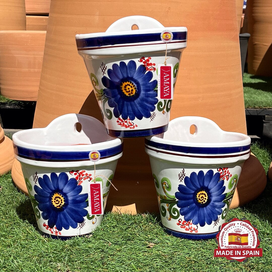 Set X 3 Spanish Ceramic Wall Pots Blue Flower Andalusian Patio totally