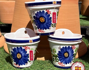 Ensemble x 3 pots muraux en céramique espagnole fleur bleue - Patio andalou - entièrement peint à la main - peint à la main - 3 tailles