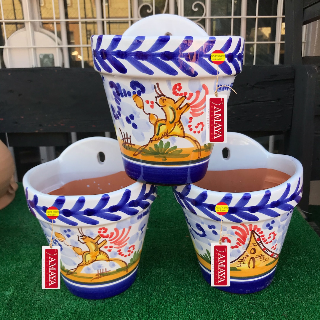Set X 3 Spanish Ceramic Wall Pots Montería Sevillana Andalusian Patio
