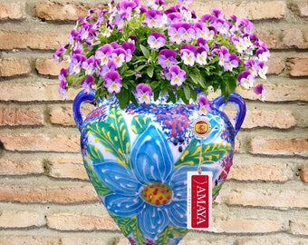 Vaso da muro spagnolo in ceramica decorato blu - Fatto a mano - Disponibile in 5 colori e 2 misure