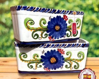 Jardinera de ceramica Española 32 cm set x 2 - decoración flor azul  - Hecho a mano - típico de Andalucia