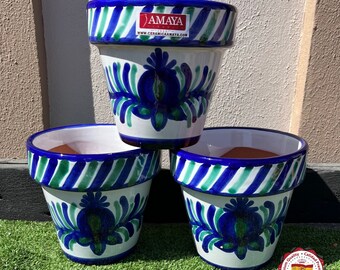 Set x 3 Macetas de suelo de cerámica española decoración granadina Fajalauza - 100 % pintada a mano -  - 3 medidas y plato disponibles