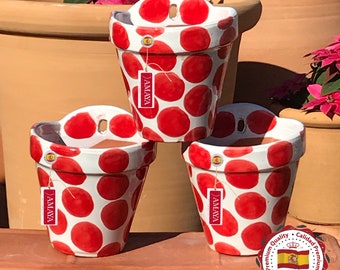 Set x 3 pots muraux en céramique espagnole décoration Polka Dots Red - Patio andalou - entièrement peint à la main - peint à la main - 3 mesures