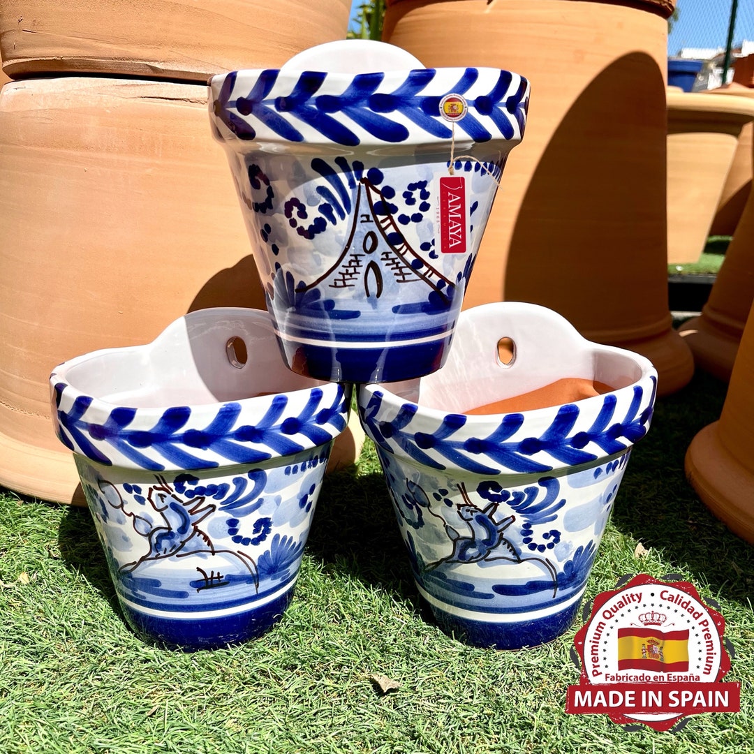 Set X 3 Spanish Ceramic Wall Pots Montería Sevillana Azul Andalusian