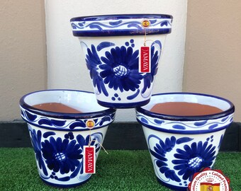Set x 3 Macetas de suelo de cerámica española flor azul- totalmente pintada a mano - hand painted - 3 medidas disponibles - 3 Size available