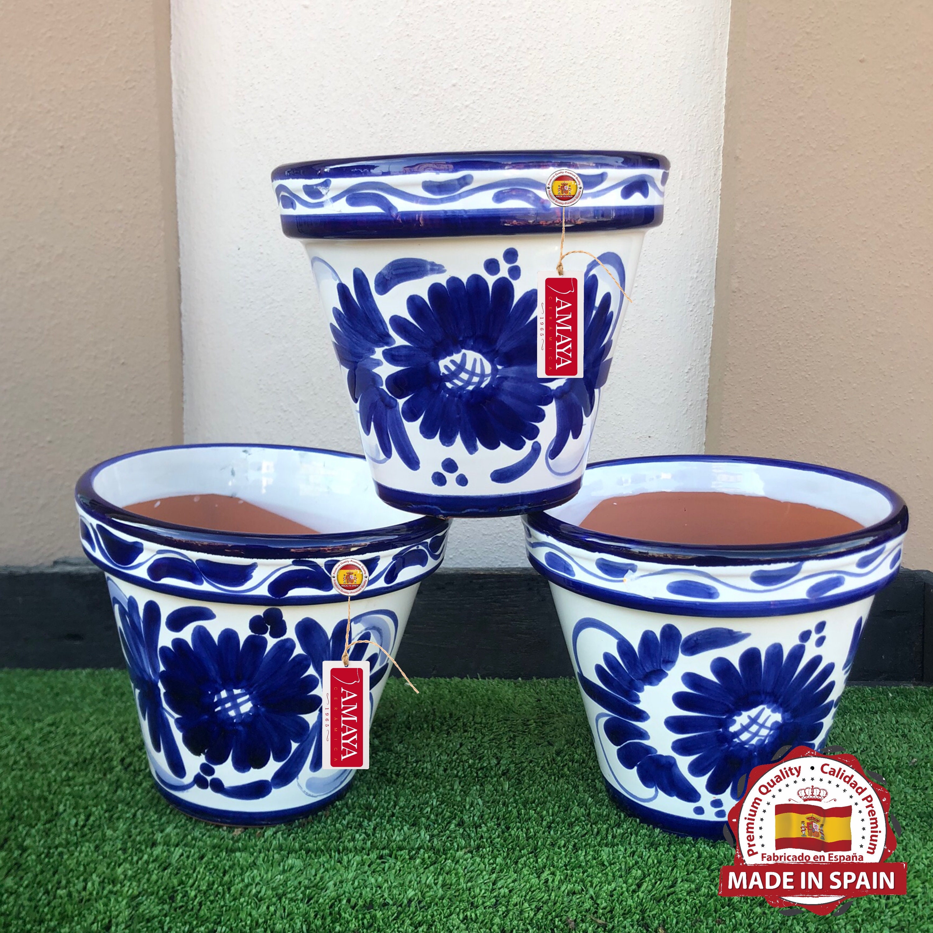 Set x 3 spanische Keramik-Bodentöpfe, blaue Blume komplett
