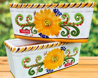 Jardinera de ceramica Española 32 cm set x 2 - decoración flor mostaza  - Hecho a mano - típico de Andalucia