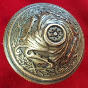 May include: A brass door knob with an ornate design featuring a central rosette and a swirling floral pattern.