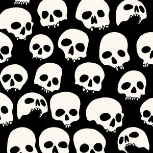 以下が含まれることがあります： 黒い背景に白いドクロのイラストが多数描かれた、シームレスなリピートパターンです。このデザインは商用利用を目的としており、デジタルダウンロードとして利用できます。画像サイズは30.48 cm x 30.48 cmで、JPEG形式です。