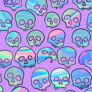 Schillernde Schädel Musterdesign für Stoff, Pastel Goth Muster-Datei, Halloween Digital Papier, Nahtloses Rapportmuster, kommerzielle Nutzung