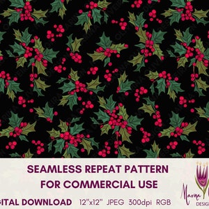 Christmas Holly Leaves and Berries Seamless Pattern in Green, Magenta, Black, Moody Seamless Pattern For Fabric, Digital Paper Seamless File