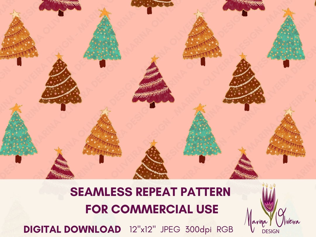 Boho Christmas Pattern, Artsy Pine Trees in Pink, Green, Brown, Gold Glitter, Cute Seamless ...