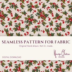 Christmas Holly Leaves and Berries Seamless Pattern in Green and Red, Cream, Boho Seamless Pattern For Fabric, Digital Seamless Repeat File