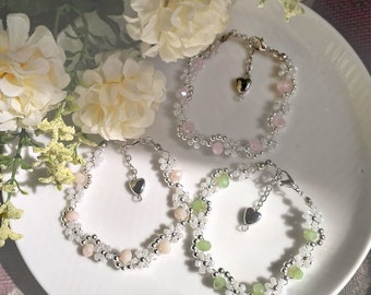 Handmade Beaded Flower Bracelet: Silver Details, Glass Beads