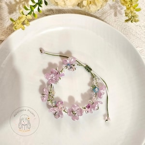 Summer Purple Garden Flowers Fairy Bracelet, Spring Fairycore, Forestcore, Cord Beaded Bracelet, Gift for Her, Flower Bead Bracelet