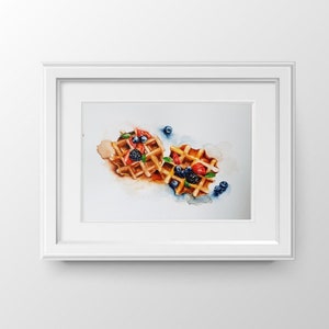 Food Painting Bakery Painting Original Kitchen Wall art Waffles with berries Watercolor Still life Painting