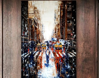 Peinture à l’huile de New York Original Rain NYC Image Grande peinture sur toile abstraite Paysage urbain Skyline City