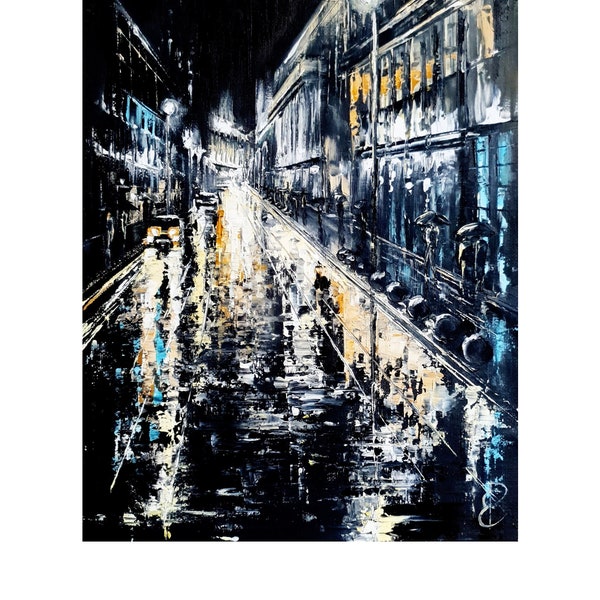 Peinture à l’huile de ville Original Rainy Night Paysage urbain Parapluie Photo Décoration murale Art